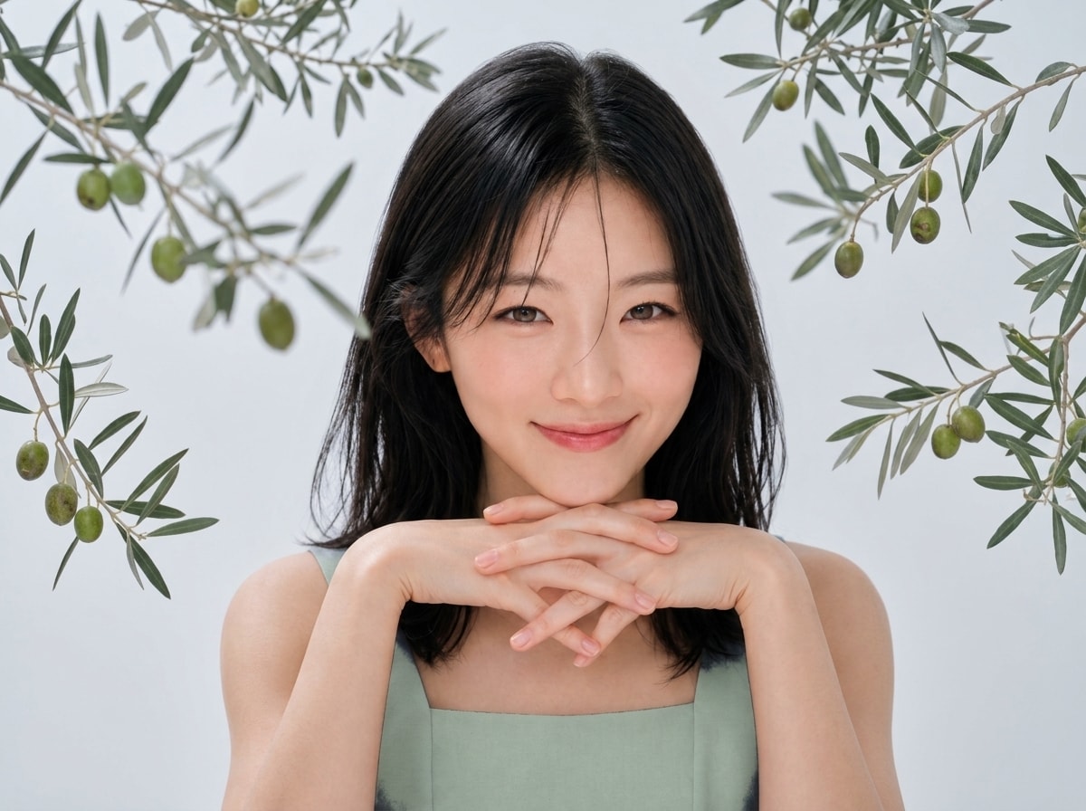 A woman resting her chin on her folded hands, framed by olive branches